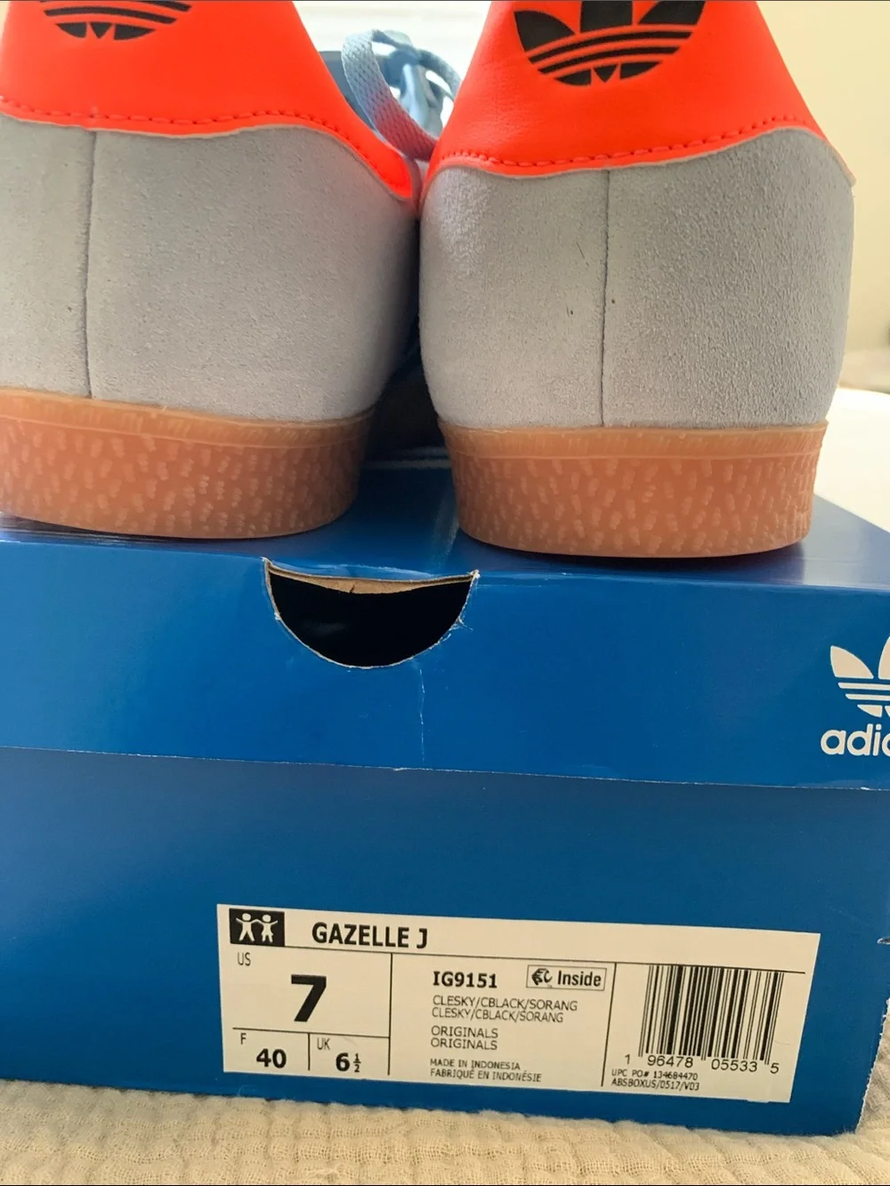 NWT adidas Kids Light Blue Suede Gazelle with Black Stripes and Orange Heel